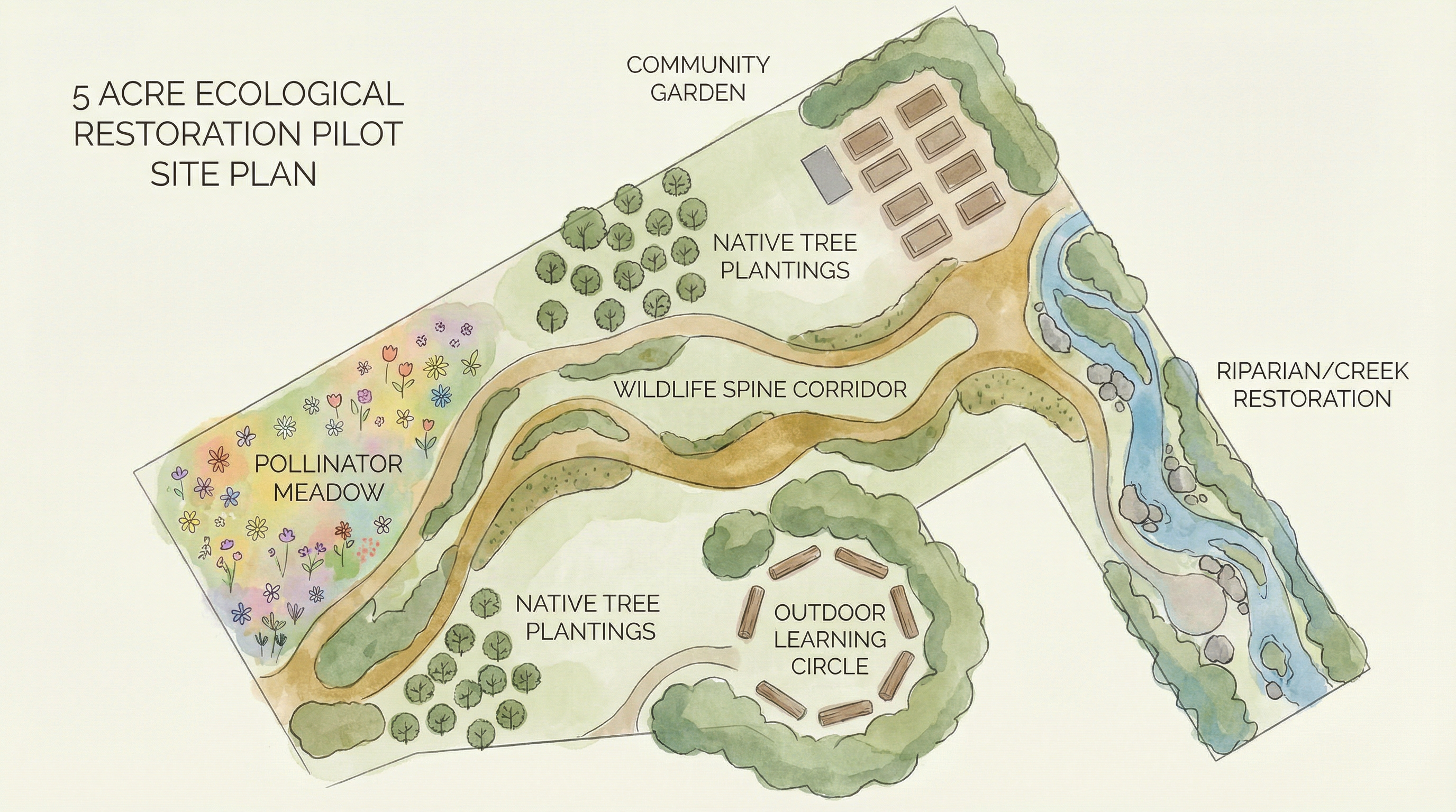 Aerial concept illustration of the 5-acre Founding Landscape showing Wildlife Spine Corridor, Pollinator Meadow, Native Tree Plantings, Riparian Restoration, Community Garden, and Outdoor Learning Circle