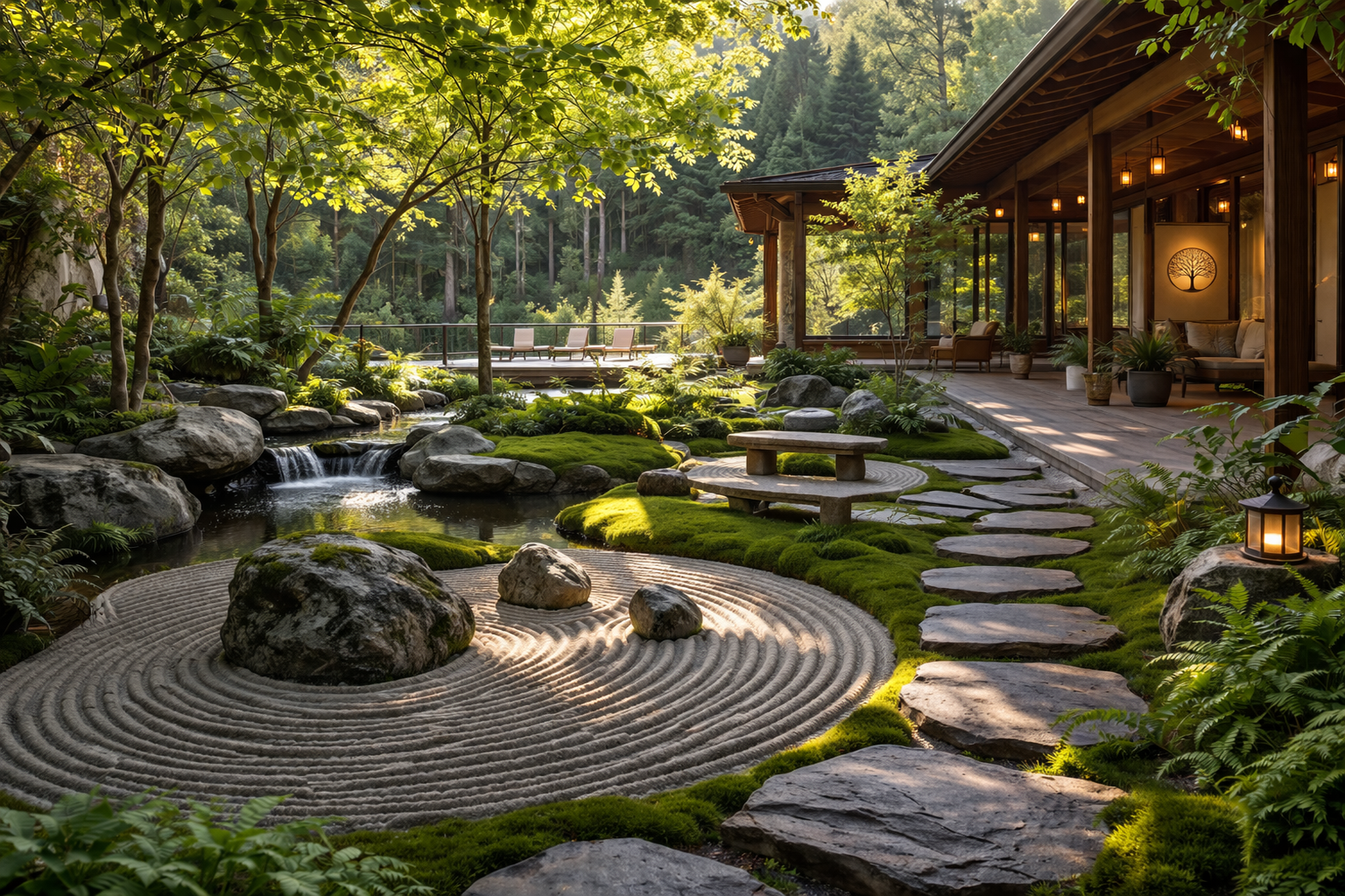 Peaceful zen garden atrium with plants, water elements, and natural light