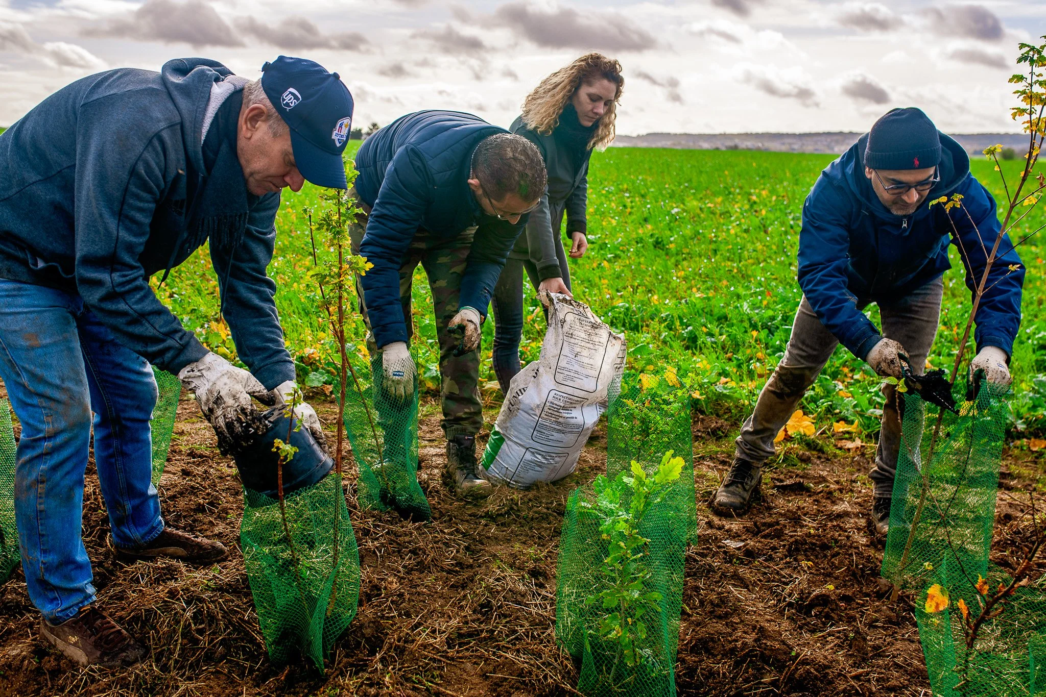 Corporate team participating in tree planting and habitat restoration during a stewardship retreat