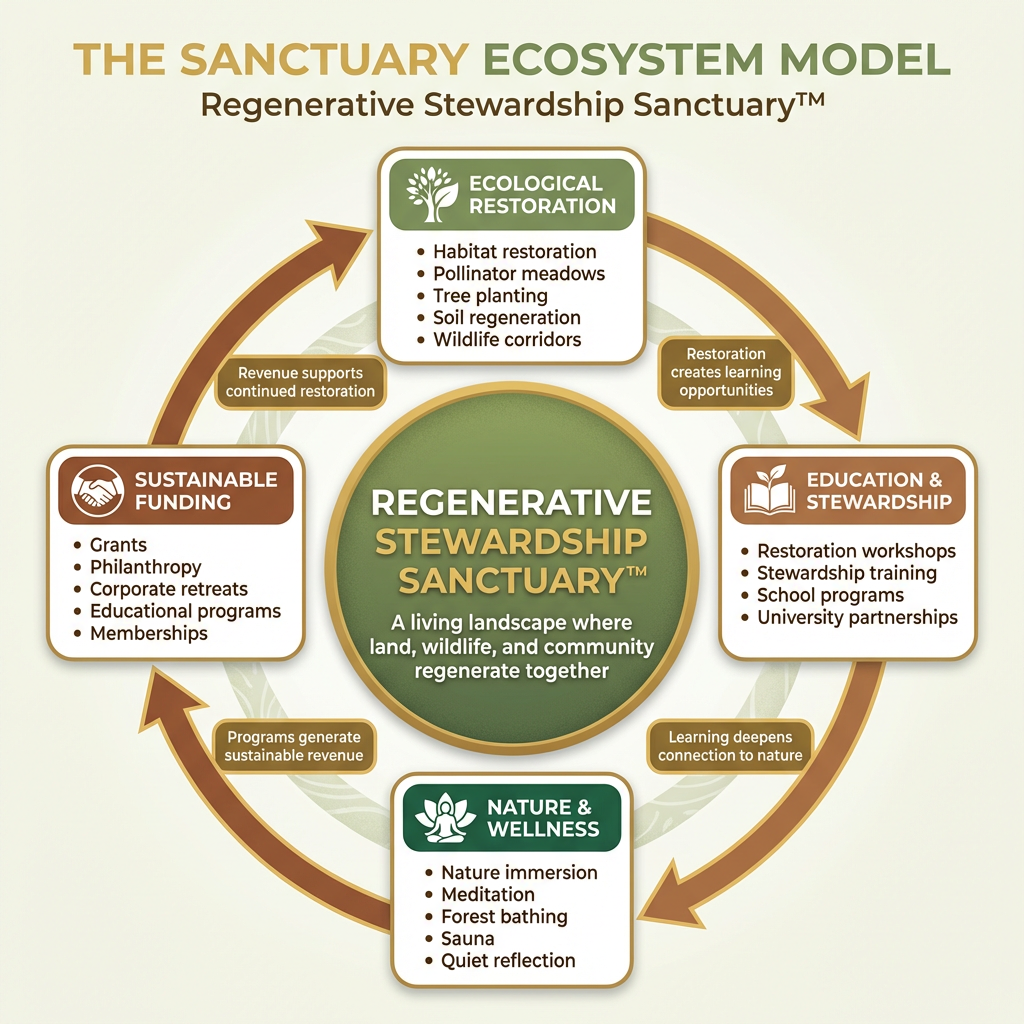 The Sanctuary Ecosystem Model showing four interconnected pillars forming a regenerative funding cycle