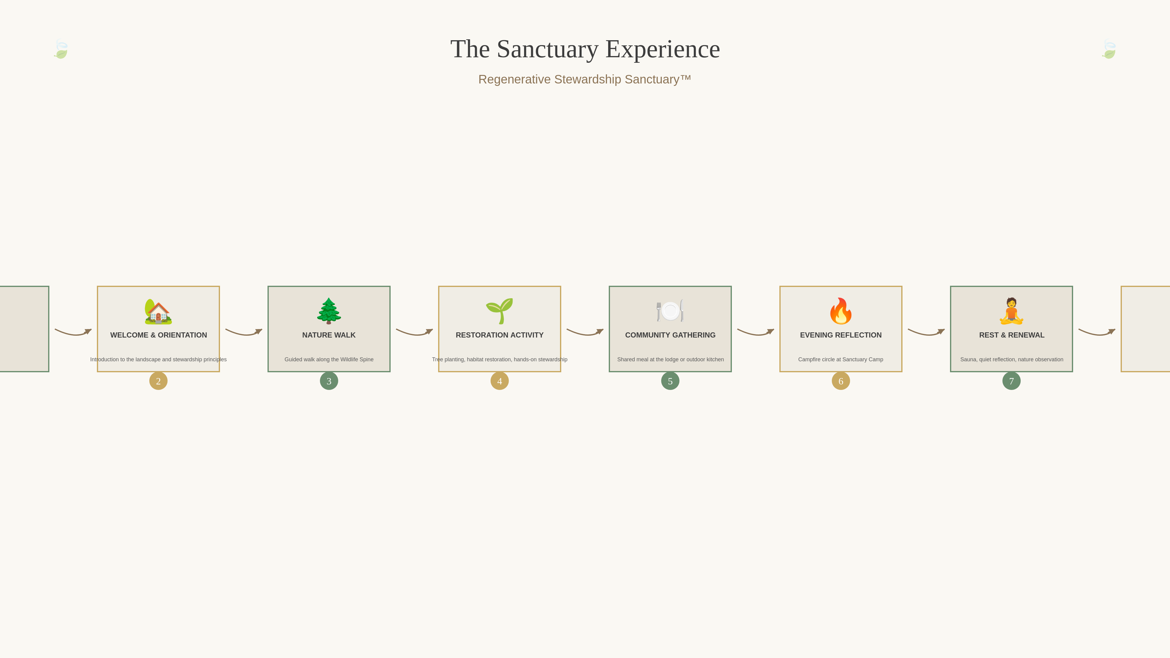 The Sanctuary Experience visitor journey diagram showing eight stages: Arrival, Welcome and Orientation, Nature Walk, Restoration Activity, Community Gathering, Evening Reflection, Rest and Renewal, and Departure