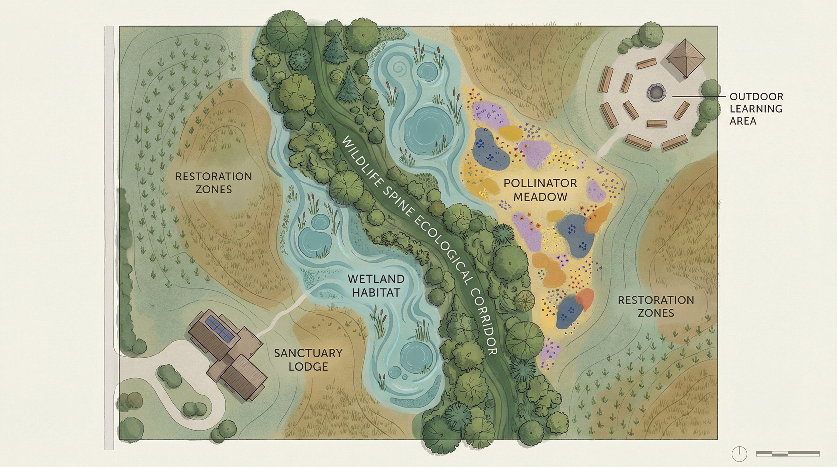 The Sanctuary Framework concept diagram showing Sanctuary Lodge and campus, outdoor learning area, restoration zones, pollinator meadow, central Wildlife Spine ecological corridor, and wetland habitat arranged within a cohesive regenerative landscape