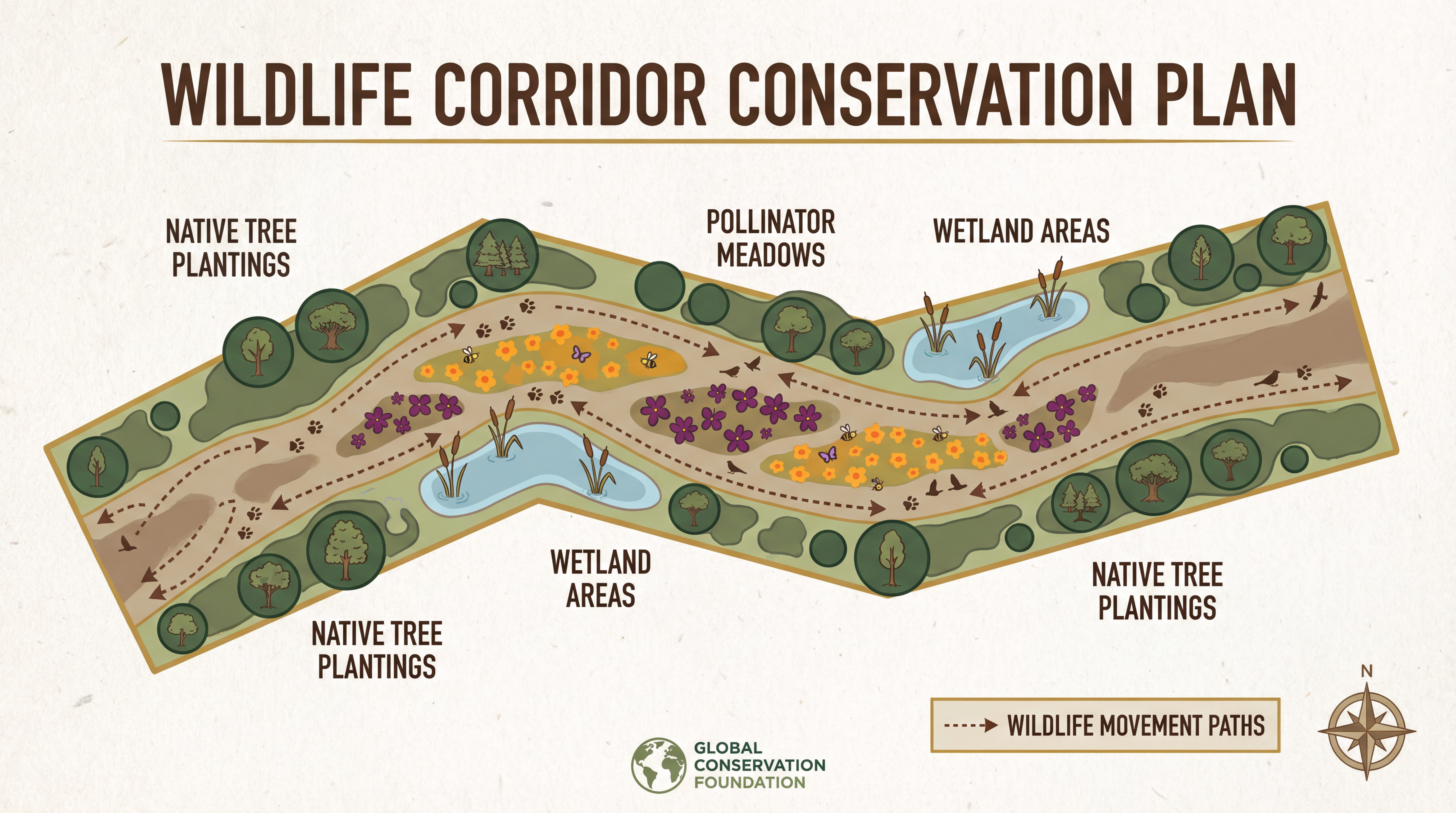 Conceptual diagram of the Wildlife Spine corridor showing native plantings, pollinator meadows, wetlands, and wildlife movement paths