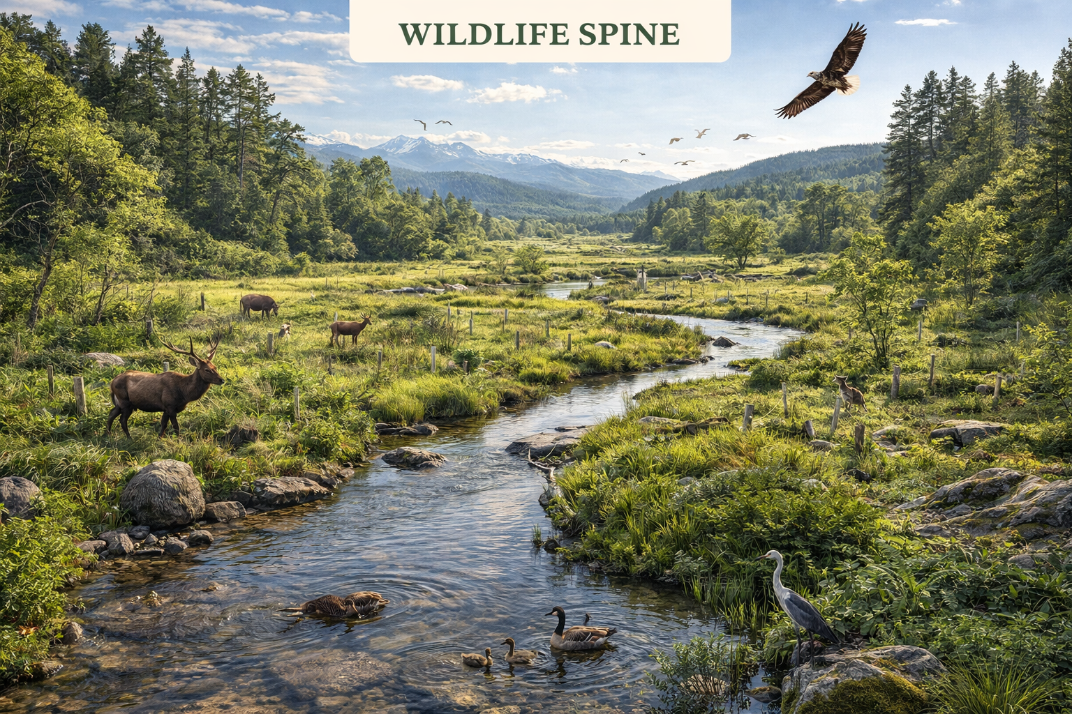 Aerial view of an ecological wildlife corridor through an Alberta parkland landscape